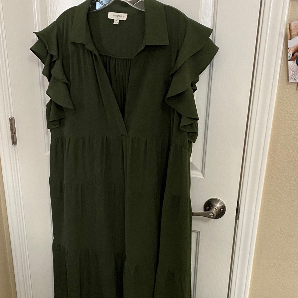 Umgee Dark Olive Tiered Ruffle Sleeve Maxi Dress